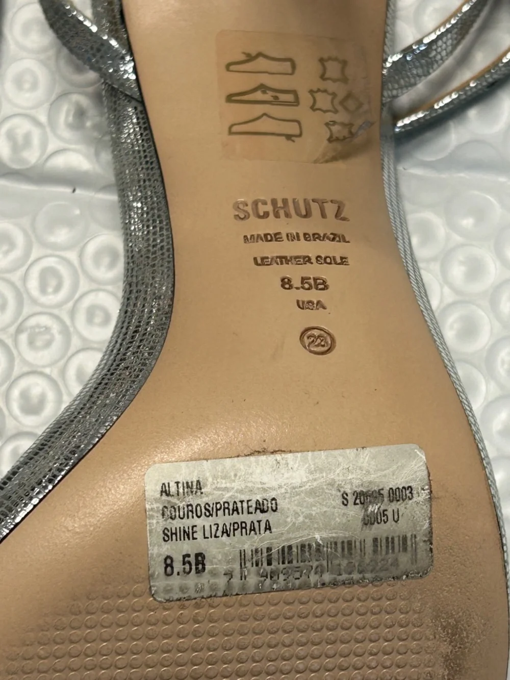 SCHUTZ Silver Metallic Straps Sandals Square Toe Stiletto Heels 3.5-4 Sz 8.5